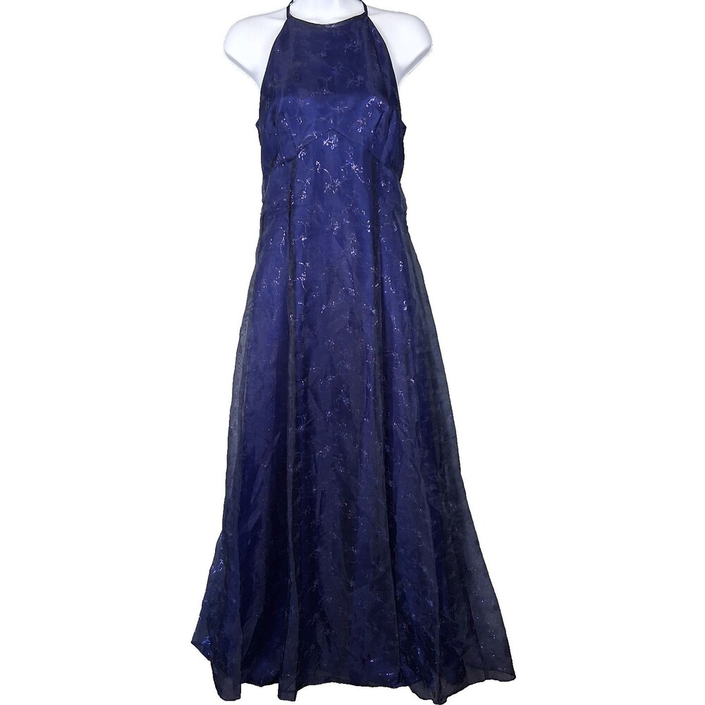 Zum Zum by Niki Livas Women Size 7 Navy Blue Halter Neck Formal Evening Gown Y2K